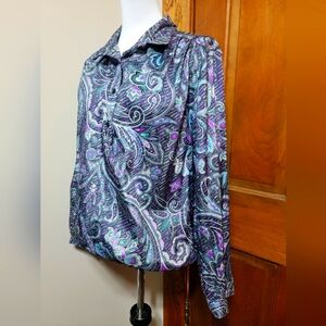Vintage 80s Pykettes Purple Paisley Floral Print Blouse Long Sleeve Sz 42/22W